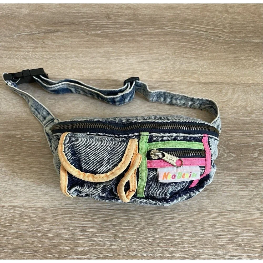 Vintage 80s 90s Neo Denim Acid Wash Denim Fanny Pack Neon Y2K